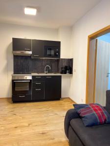 una cocina con fregadero y un sofá en una habitación en Comfortable new Apartment in #Koblenz# direkt am Rhein, en Coblenza
