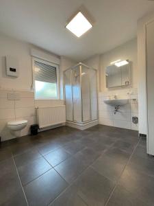 e bagno con doccia, servizi igienici e lavandino. di Comfortable new Apartment in #Koblenz# direkt am Rhein a Coblenza