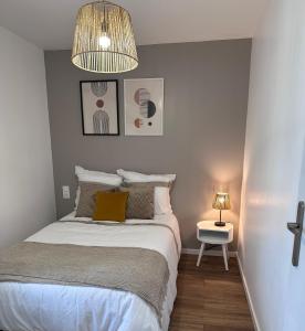 1 dormitorio con cama y lámpara de araña en Le 28 Bis - Moderne & Confort, en La Roche-sur-Yon