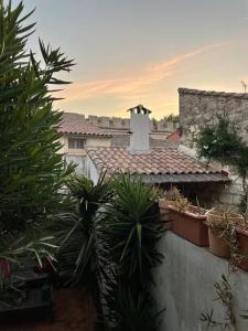 Blick auf ein Gebäude mit Pflanzen und Dach in der Unterkunft La Saline in Aigues-Mortes