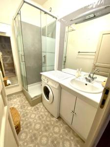 ein Badezimmer mit einem Waschbecken und einer Waschmaschine in der Unterkunft La Saline in Aigues-Mortes