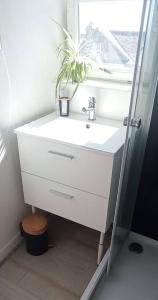 a bathroom with a white sink and a window at Le p’tit Kerf proche Centre Ville in Quimper