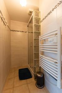 La salle de bains est pourvue d'une douche à l'italienne et d'une cabine de douche en verre. dans l'établissement gite montreuil le henri 2 pers, à Montreuil-le-Henri
