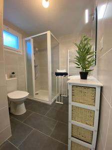 a white bathroom with a toilet and a shower at Maison de Charme - 4 Chambres - Courette & Parking Gratuit in Amiens