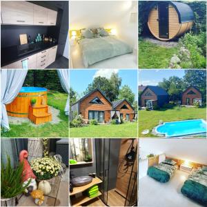 uma colagem de fotos com uma casa e uma piscina em Eleonor Accommodation em Liszki