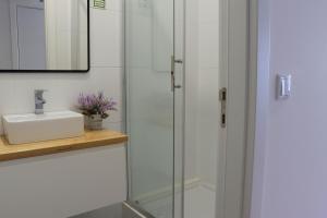 een badkamer met een wastafel en een douche bij A Casa da Joana in Aveiro