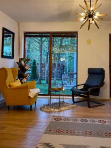 布雷佐維采的住宿－Villa Alpina Brezovice，客厅配有两把椅子和吊灯