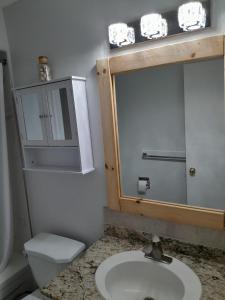 a bathroom with a sink and a toilet and a mirror at Cozy Place-Laid Back in Mississauga