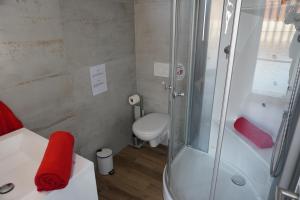 a small bathroom with a shower and a toilet at Hafen Perle - Übernachtungen auf dem Wasser- Romantik & Wellness auf dem Rhein - in Leverkusen