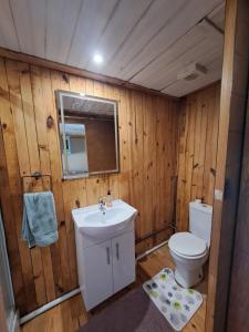 bagno con servizi igienici, lavandino e specchio di Old Farmhouse Cottage a Kareedouw