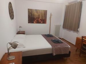 Cozy 2 Bedroom apt @Panormou Metro/Erytros Stavros في أثينا: غرفة نوم مع سرير ومكتب مع مصباح
