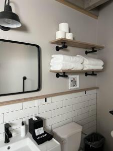 a bathroom with a sink and a mirror and a toilet at Silo Suite 1 Pet Friendly- Near Zion National Park in La Verkin
