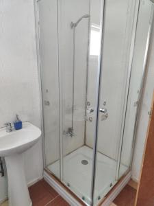 a shower with a glass door next to a sink at Alma Patagona Hostel in Puerto Tranquilo