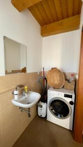 a bathroom with a washing machine and a sink at Horský apartmán Říčky in Wüstenei