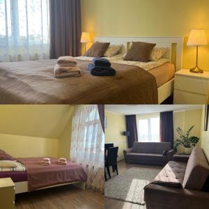 two pictures of a bedroom with a bed and a living room at Sauliaus apartamentai VIP in Panevėžys