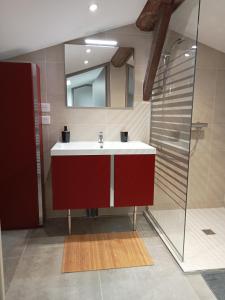 La salle de bains est pourvue d'un lavabo rouge et d'une douche. dans l'établissement T3 Duplex tout confort, à Toulouse
