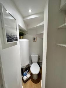 a bathroom with a white toilet in a room at Pause Trouvillaise, 3 pièces centre ville, 45m² in Trouville-sur-Mer