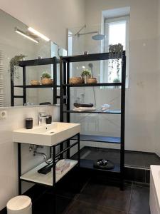 a bathroom with a sink and a shelf at MyLivingOne I Friedrich I - Luxus-Apartment in Mannheim