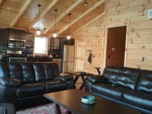 uma sala de estar com um sofá de couro e uma mesa em Timber Bend Retreat em Evart