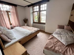 a bedroom with a bed and a couch and two windows at Schönes Apartment in Schöftland in Schöftland