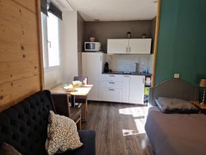 salon z kanapą i stołem oraz kuchnia w obiekcie Studio La Cabane Centre Ville w mieście Le Bourg-dʼOisans