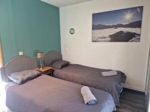 Pokój z dwoma łóżkami i zdjęciem na ścianie w obiekcie Studio La Cabane Centre Ville w mieście Le Bourg-dʼOisans