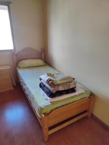 a small bed in a corner of a room at Alma Patagona Hostel in Puerto Tranquilo