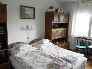 ein Schlafzimmer mit einem Bett, einer Kommode und einem Fenster in der Unterkunft Tulipán Panoráma Apartman in Pécs