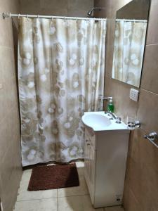 y baño con cortina de ducha y lavamanos. en Quilmeña-al-Sur Departamento 1 en Esquel