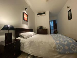 a bedroom with a bed and a lamp on a dresser at Cozy Ac Private bedroom Gulshan 1 - 6km Airport in Dhaka