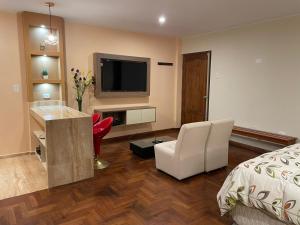 Dormitorio con sala de estar con cama y TV en FLAT AMOBLADO EN PUEBLO LIBRE - LIMA - PERÚ en Lima