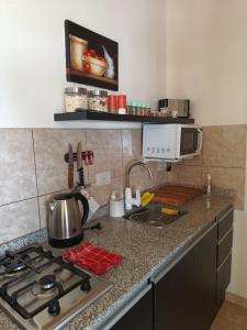 a kitchen counter with a stove and a microwave at Soño Lugar in El Calafate