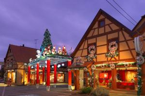 ein Gebäude mit Weihnachtslichtern und einem Weihnachtsbaum in der Unterkunft La Vitrine in Gertwiller