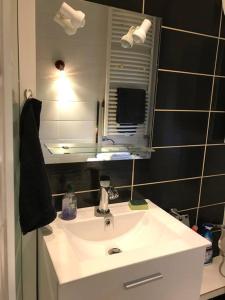 een badkamer met een witte wastafel en een spiegel bij Appart Mama - Visiter Paris et Disneyland en famille à petit prix in Romilly-sur-Seine
