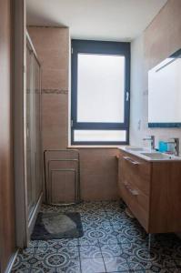 ein Bad mit einem Waschbecken und einem Fenster in der Unterkunft Le balcon du boulevard bellevue in Saint-Claude