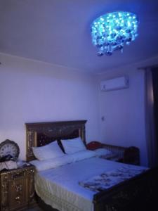 a bedroom with a bed and a chandelier at Giza view in Cairo