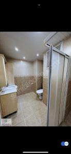a bathroom with a toilet and a shower in it at Murat Baris Residence in Alanya
