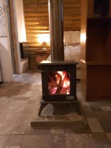 a wood stove in the middle of a room at La margarita in Potrerillos
