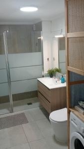 a bathroom with a shower and a toilet and a sink at Apartamento en La Tejita-El Médano. Familia Vilmar in Granadilla de Abona
