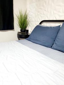 ein weißes Bett mit blauen Kissen und einer Pflanze in der Unterkunft La Familia # in Aguada