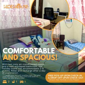 Ein Flyer für ein Schlafzimmer mit einem Bett und einem Schreibtisch in der Unterkunft Pagadian City House Rental - Hidehouse in Pagadian