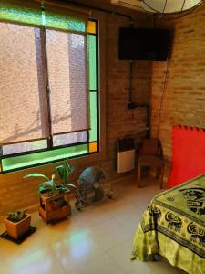 1 dormitorio con 1 cama, ventilador y ventanas en Dormitorio con baño privado, cocina y living compartido con pileta en country en Pergamino