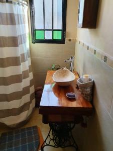 baño con lavabo en una encimera de madera en Dormitorio con baño privado, cocina y living compartido con pileta en country en Pergamino