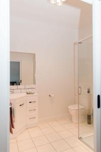 La salle de bains blanche est pourvue d'une douche et de toilettes. dans l'établissement The Pavilion on Grossman's, à Torquay