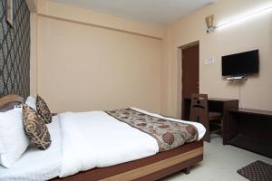 a hotel room with a bed and a television at Collection O Hotel Greenpark in Jamshedpur