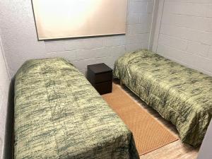 Duas camas individuais num quarto com uma fotografia na parede em Cómodo y lindo departamento en el centro de vicuña em Vicuña