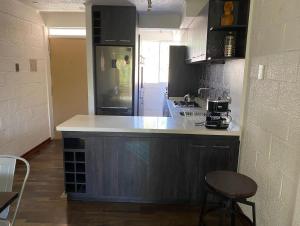 uma cozinha com um balcão e um fogão forno superior em Cómodo y lindo departamento en el centro de vicuña em Vicuña