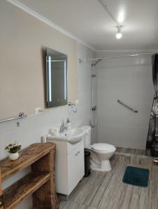La salle de bains blanche est pourvue d'un lavabo et de toilettes. dans l'établissement Entre Volcanes, à Licán Ray