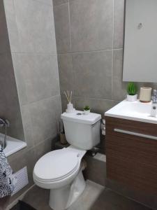 a bathroom with a white toilet and a sink at Apartamento condominio Arica in Arica