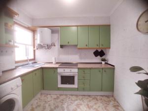 eine kleine Küche mit grünen Schränken und einem Waschbecken in der Unterkunft Típico apartamento de pueblo in Faura